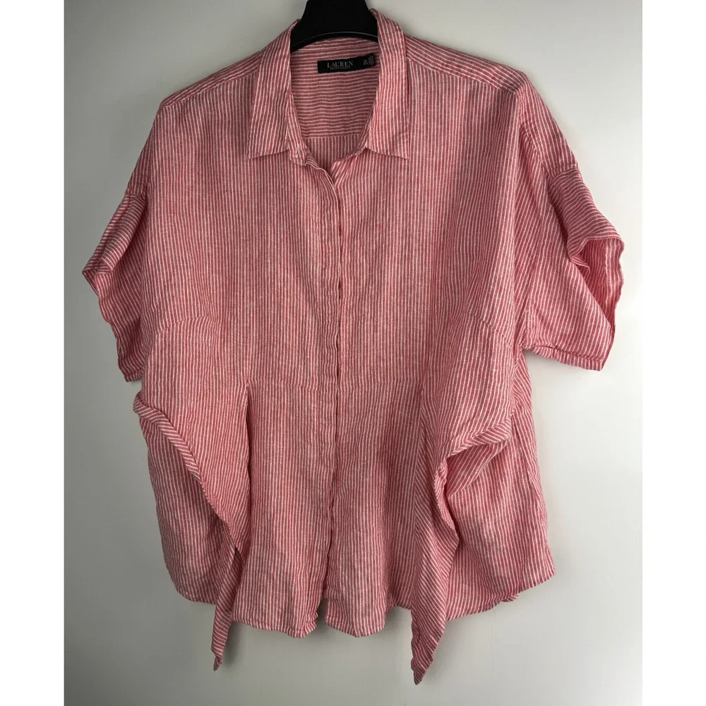 Lauren Ralph Lauren Striped Tie-Front Linen Shirt Red White Women's Plus Size 3X - Picture 3 of 10